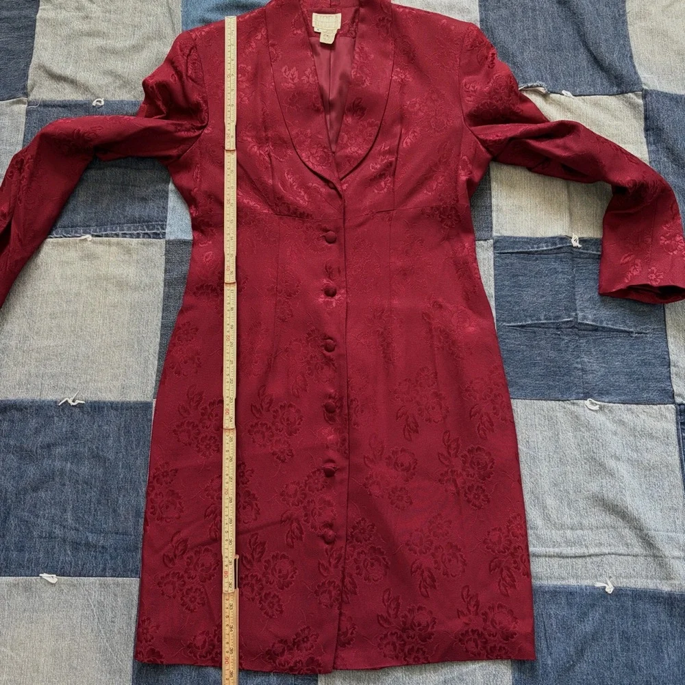 Moda International VTG 90s burgundy red floral long duster blazer size 8 - Picture 9 of 14